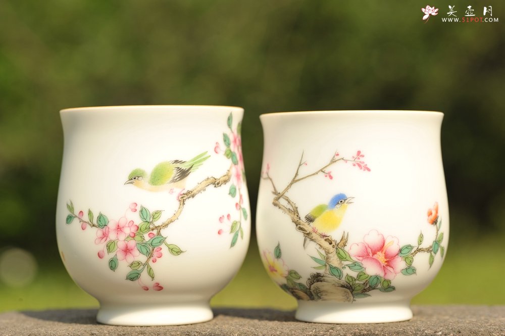 紫砂壶图片：新彩玉光白釉花鸟1 景德镇主人杯 - 全手工紫砂壶网