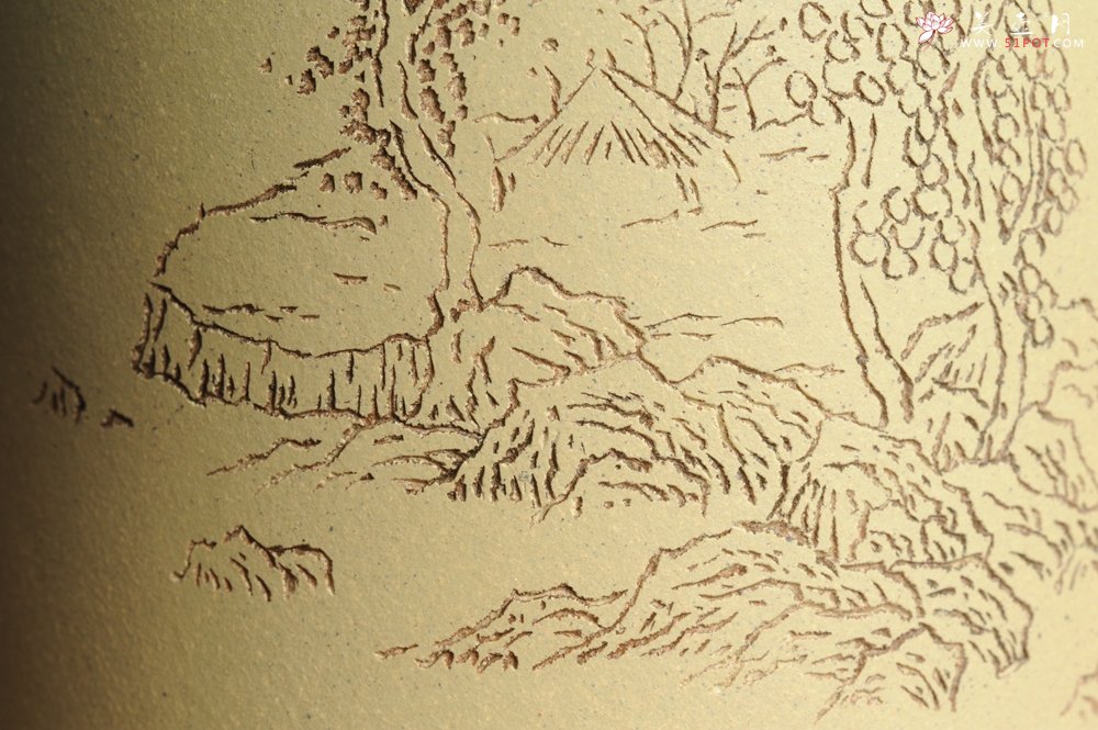 紫砂壶图片：美筒特惠 精品山水高帽笔筒五式  老师不打草稿直接空刻 一气呵成 - 全手工紫砂壶网