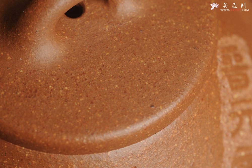 紫砂壶图片：油润五彩段泥 全手工薄胎子冶石瓢 饮之延年 助工俞霞精心摹古刻绘钱币纹 - 全手工紫砂壶网