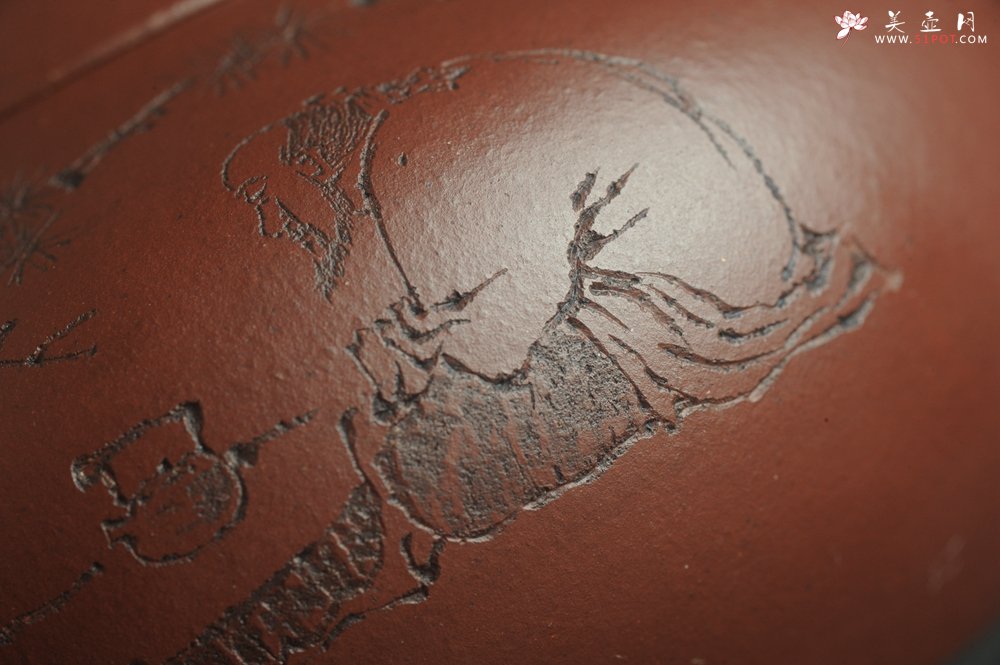 紫砂壶图片：油润底曹青 全手工矮文旦 装饰人物 特文气 - 全手工紫砂壶网