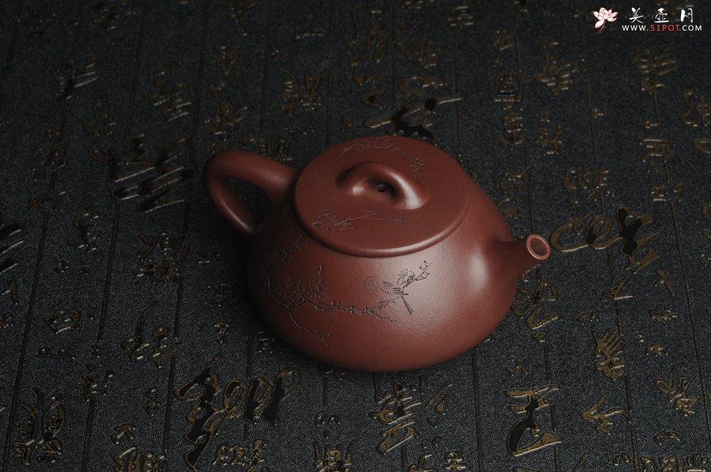 紫砂壶图片：油润底曹青 全手工周氏石瓢 装饰喜上眉梢 特文气 - 全手工紫砂壶网