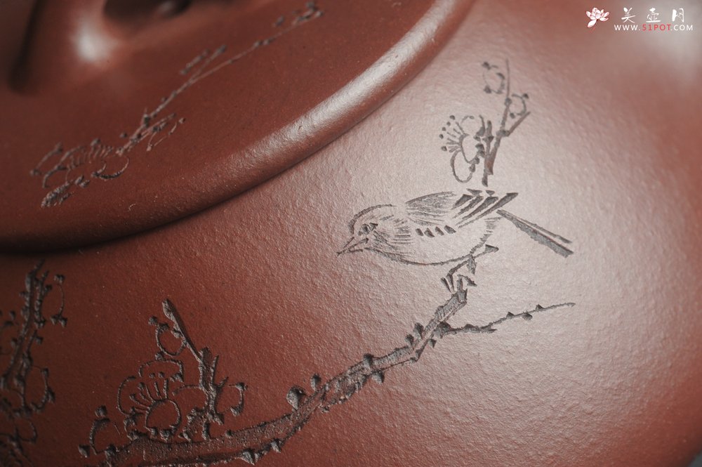 紫砂壶图片：油润底曹青 全手工周氏石瓢 装饰喜上眉梢 特文气 - 全手工紫砂壶网