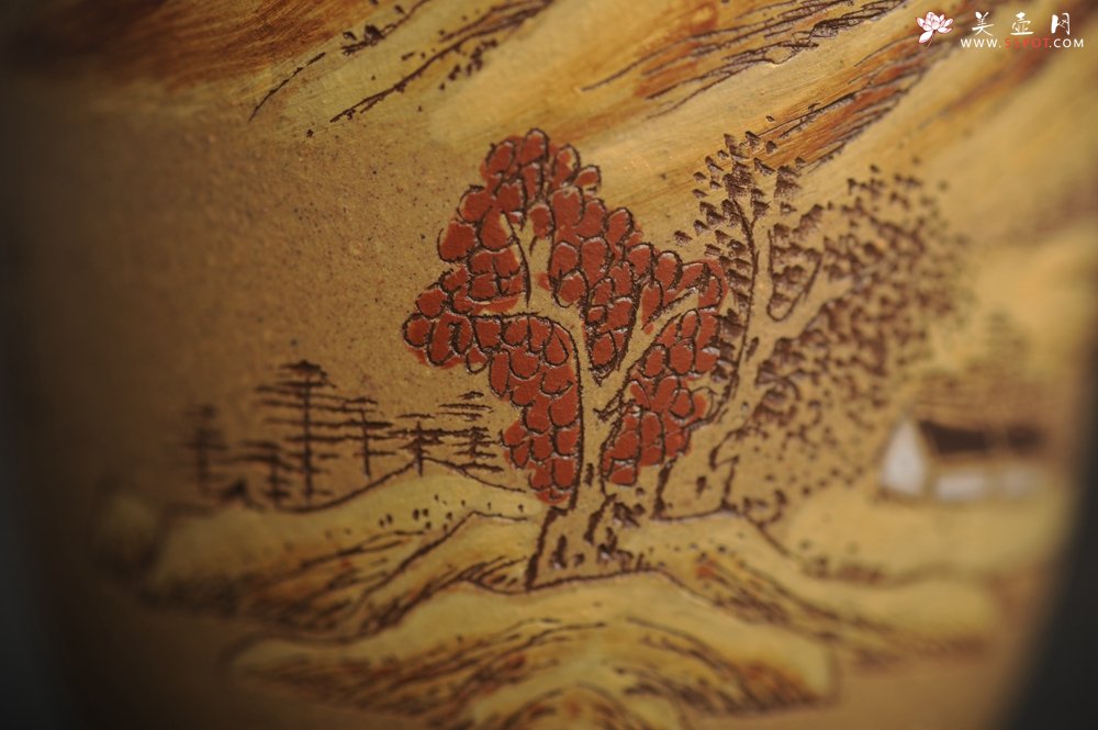 紫砂壶图片：美杯国庆特惠 精品好泥好工好刻雅致泥绘山水主人杯 茶人醉爱 - 全手工紫砂壶网