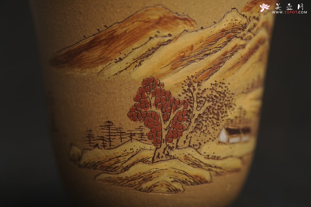 紫砂壶图片：美杯国庆特惠 精品好泥好工好刻雅致泥绘山水主人杯 茶人醉爱 - 全手工紫砂壶网