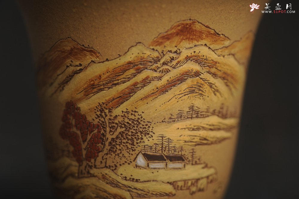 紫砂壶图片：美杯国庆特惠 精品好泥好工好刻雅致泥绘山水主人杯 茶人醉爱 - 全手工紫砂壶网