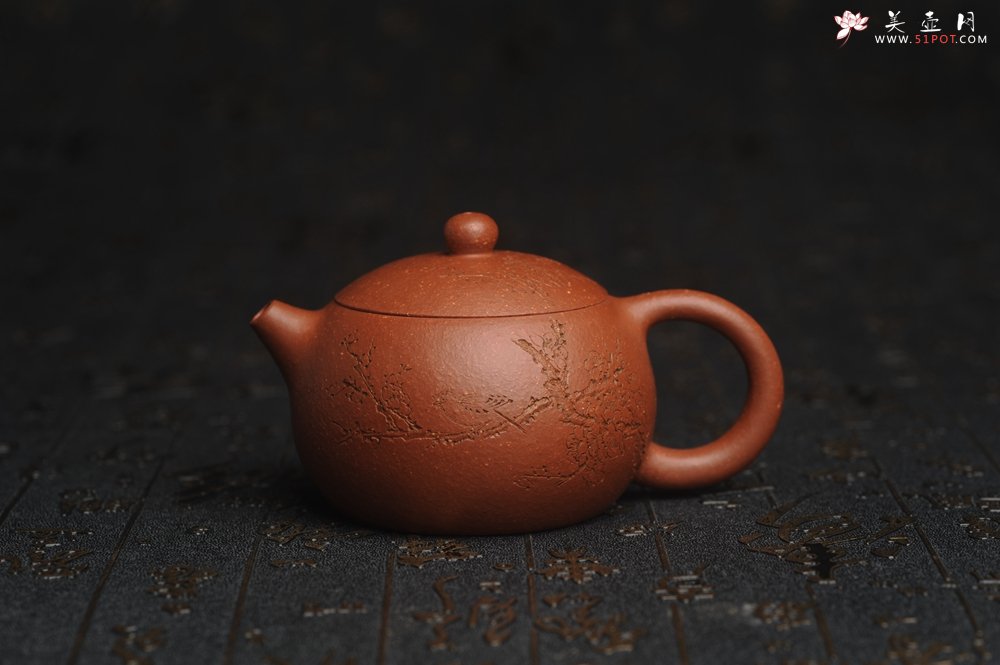 紫砂壶图片：油润降坡泥全手工小品西施壶 装饰喜上眉梢 特文气 - 全手工紫砂壶网