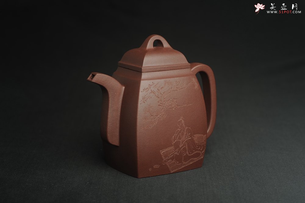 紫砂壶图片：全手工精致汉方壶 无事此静坐 有情且赋诗 禅意浓浓 - 全手工紫砂壶网