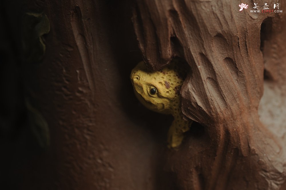 紫砂壶图片：美筒特惠 精致全手工紫泥藏蟾笔筒 高12cm直径10cm 贴叶灵动 金蟾生动 - 全手工紫砂壶网