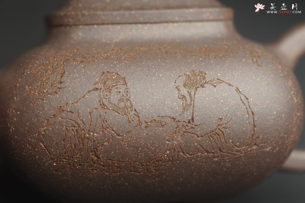 紫砂壶图片：实力派张海艳全手工特好老青灰段泥传炉壶 装饰人物 饮者寿 特文气 - 全手工紫砂壶网