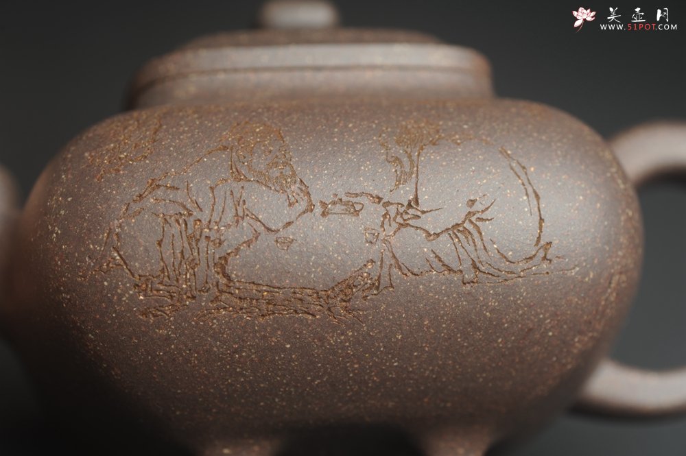 紫砂壶图片：实力派张海艳全手工特好老青灰段泥传炉壶 装饰人物 饮者寿 特文气 - 全手工紫砂壶网