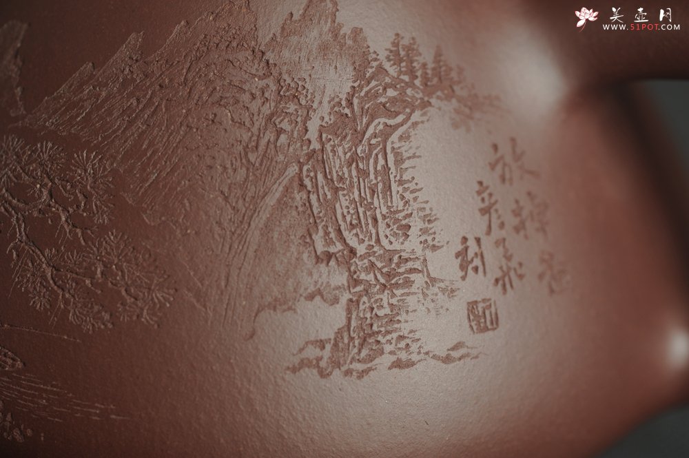 紫砂壶图片：油润底曹青 全手工特好子冶石瓢 强强联合工艺师刘彦飞装饰山水图 特文气 - 全手工紫砂壶网