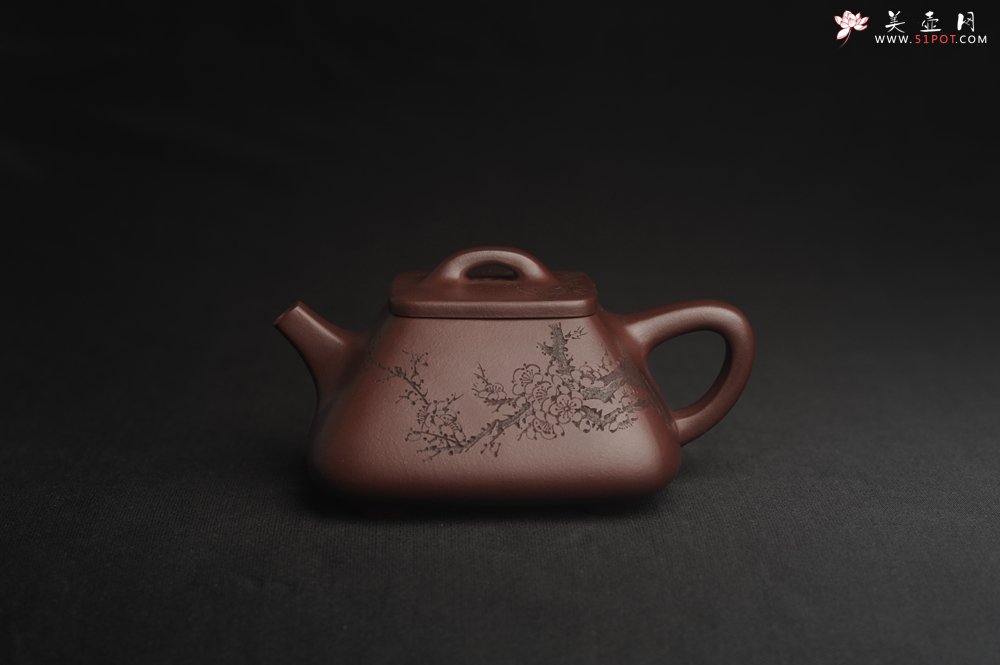 紫砂壶图片：美壶特惠 精致全手工混方石瓢 装饰梅花特文气 - 全手工紫砂壶网