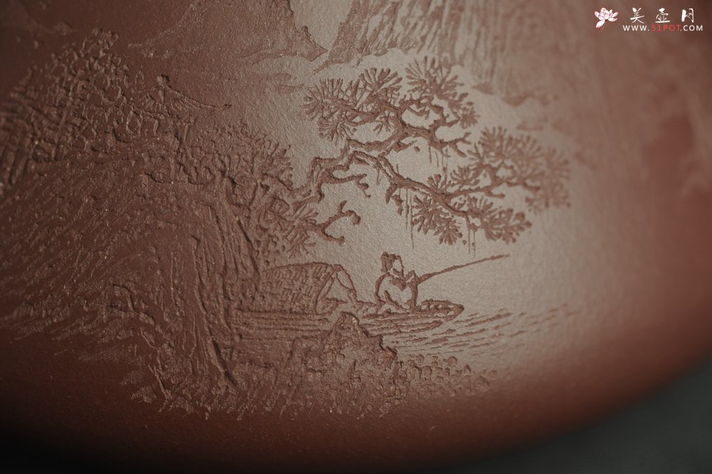 紫砂壶图片：油润底曹青 全手工特好子冶石瓢 强强联合工艺师刘彦飞装饰山水图 特文气 - 全手工紫砂壶网