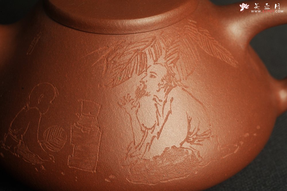 紫砂壶图片：特好底曹青 全手工品茗悟道小子冶石瓢 装饰特文气 期待与亲结缘 - 全手工紫砂壶网