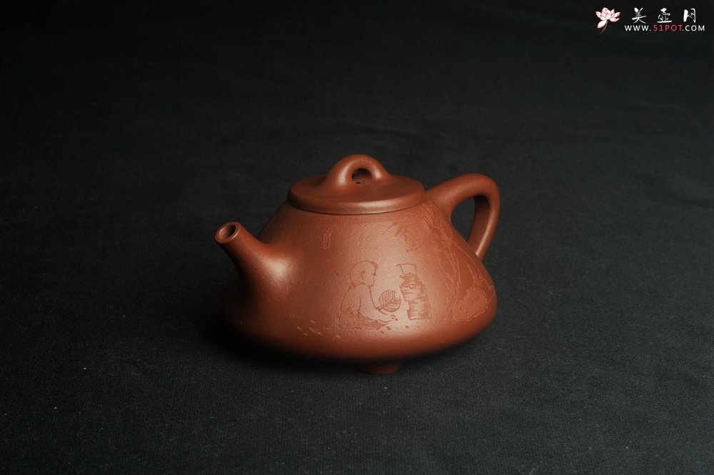 紫砂壶图片：特好底曹青 全手工品茗悟道小子冶石瓢 装饰特文气 期待与亲结缘 - 全手工紫砂壶网