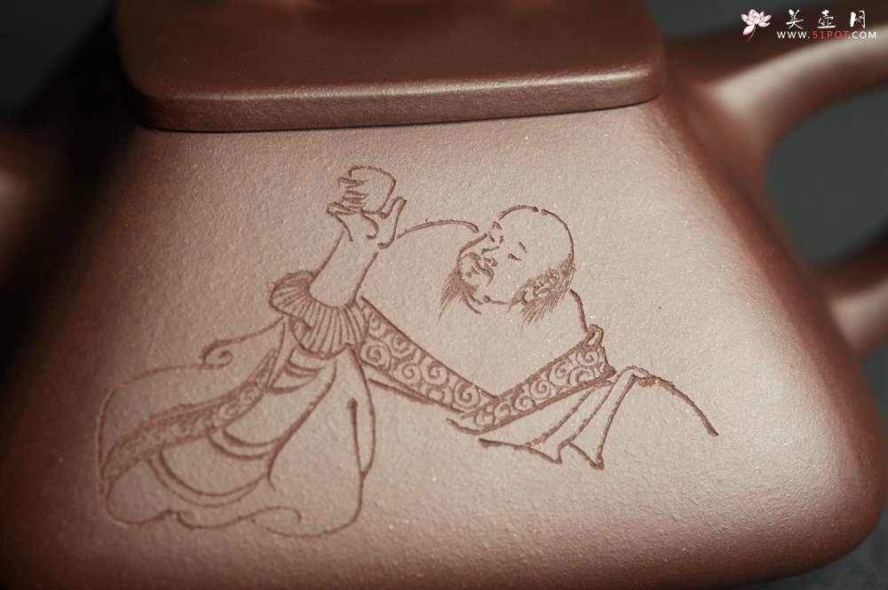 紫砂壶图片：美壶特惠  林旭陶 精致全手工混方石瓢  装饰人物特文气 阳羡有蜀意,东坡爱此居 - 全手工紫砂壶网