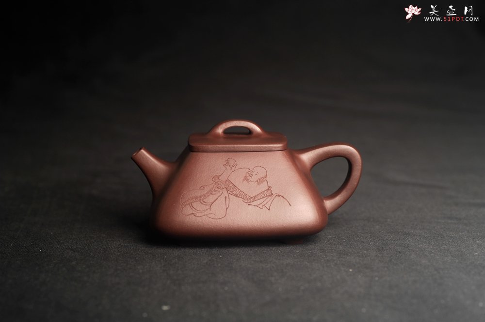 紫砂壶图片：美壶特惠  林旭陶 精致全手工混方石瓢  装饰人物特文气 阳羡有蜀意,东坡爱此居 - 全手工紫砂壶网