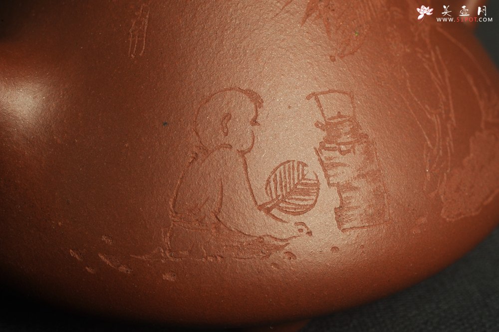 紫砂壶图片：特好底曹青 全手工品茗悟道小子冶石瓢 装饰特文气 期待与亲结缘 - 全手工紫砂壶网