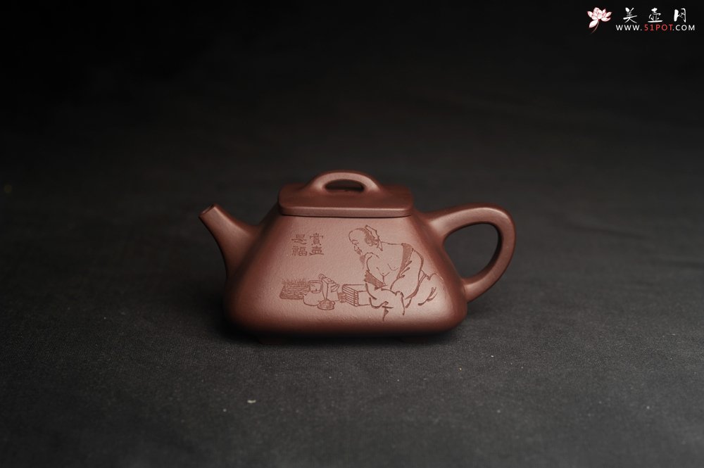 紫砂壶图片：美壶特惠 林旭陶 精致全手工混方石瓢 装饰人物特文气 此是诗仙坡老作 与君同试雨前茶 - 全手工紫砂壶网