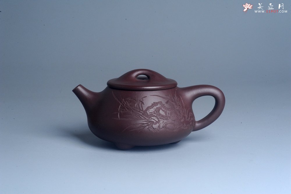 紫砂壶图片：实力派工艺师周斌 优质底槽青全手工精工满瓢壶 刘伟涛徒昊然装饰兰草图 一香已足压千红 - 全手工紫砂壶网