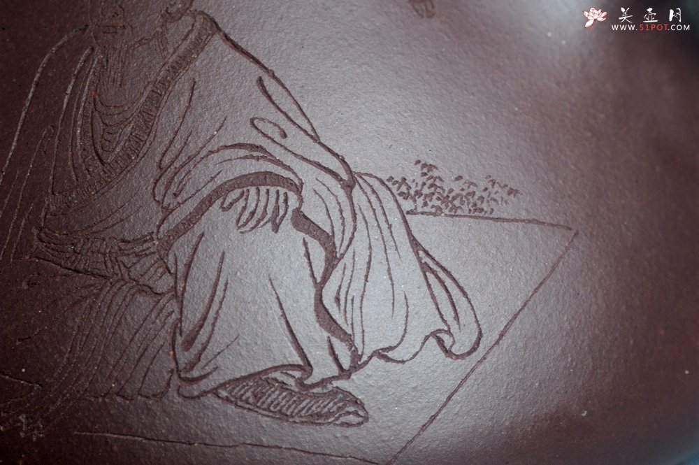 紫砂壶图片：实力派工艺师周斌 优质底槽青全手工精工 子冶石瓢壶 张听钢装饰人物 平生衣食随缘好 过得清闲便是仙 - 全手工紫砂壶网