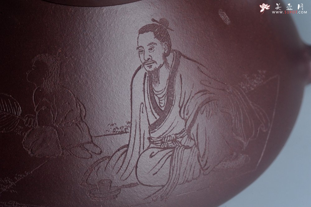 紫砂壶图片：实力派工艺师周斌 优质底槽青全手工精工 子冶石瓢壶 张听钢装饰人物 平生衣食随缘好 过得清闲便是仙 - 全手工紫砂壶网