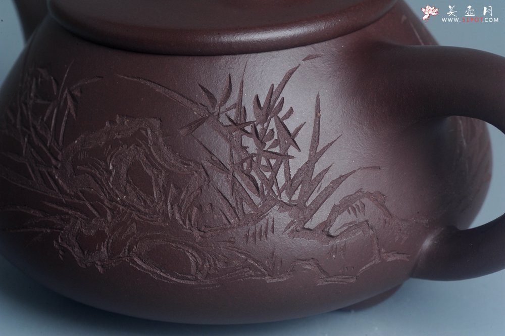 紫砂壶图片：实力派工艺师周斌 优质底槽青全手工精工满瓢壶 刘伟涛徒昊然装饰兰草图 一香已足压千红 - 全手工紫砂壶网