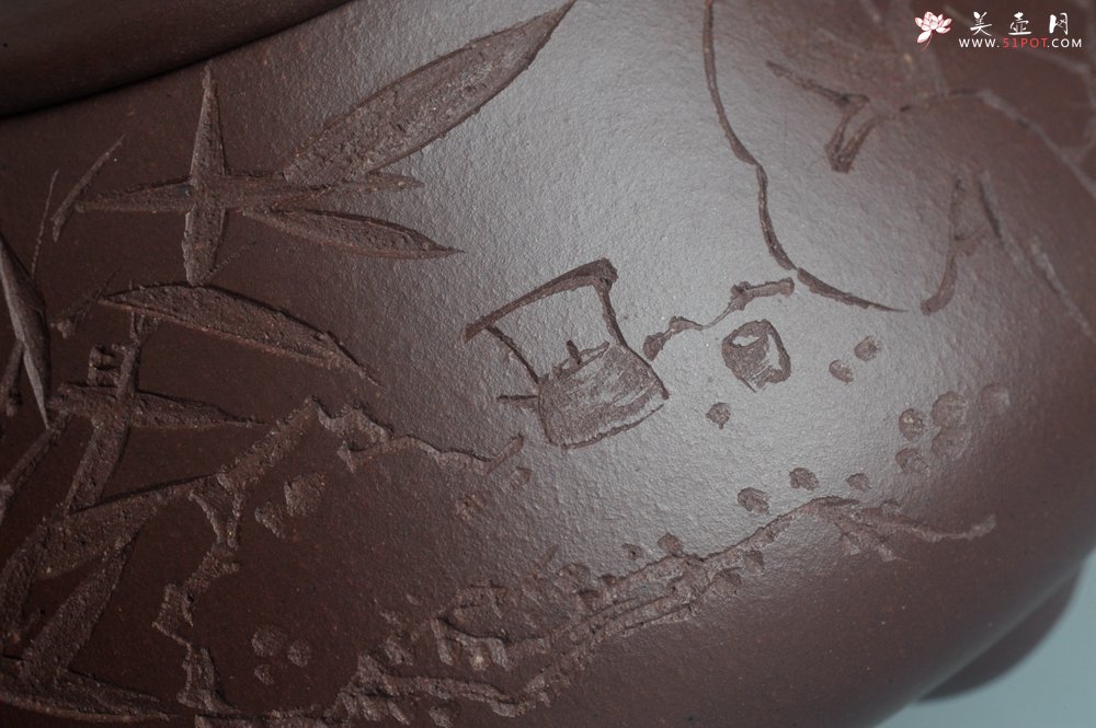 紫砂壶图片：实力派工艺师周斌 优质底槽青全手工精工满瓢壶 陶兴双刀装饰 特文气 玉壶写新竹 烹泉试乳茶 - 全手工紫砂壶网