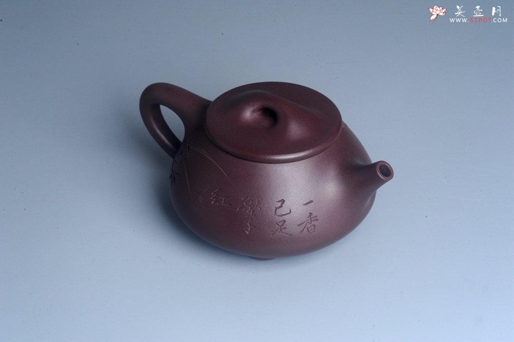 紫砂壶图片：实力派工艺师周斌 优质底槽青全手工精工满瓢壶 刘伟涛徒昊然装饰兰草图 一香已足压千红 - 全手工紫砂壶网