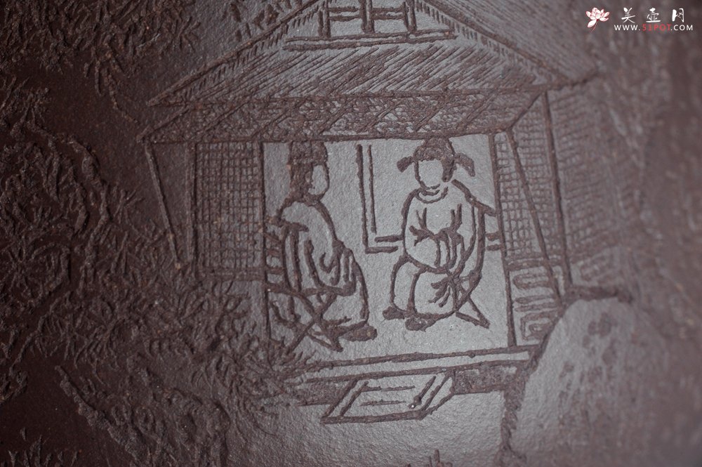 紫砂壶图片：实力派工艺师周斌 优质底槽青全手工精工 满瓢壶 张听钢装饰山水 好山一窗足 佳景四时宜 - 全手工紫砂壶网