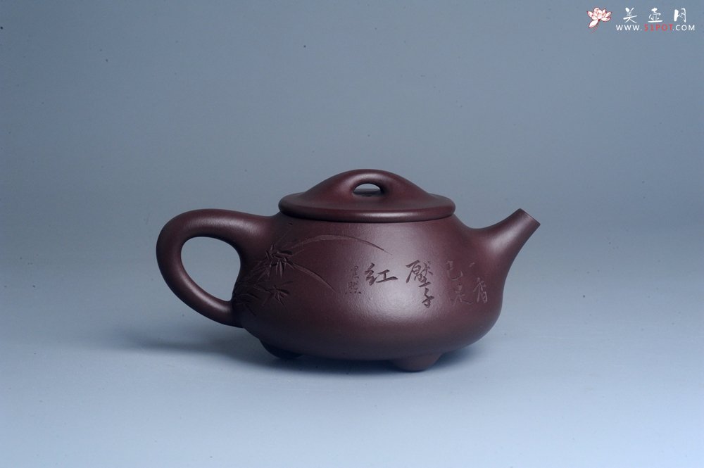 紫砂壶图片：实力派工艺师周斌 优质底槽青全手工精工满瓢壶 刘伟涛徒昊然装饰兰草图 一香已足压千红 - 全手工紫砂壶网