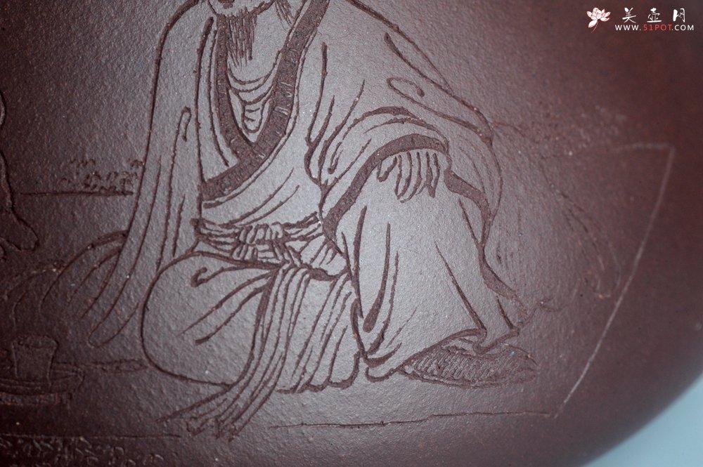 紫砂壶图片：实力派工艺师周斌 优质底槽青全手工精工 子冶石瓢壶 张听钢装饰人物 平生衣食随缘好 过得清闲便是仙 - 全手工紫砂壶网