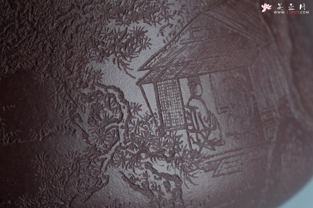 紫砂壶图片：实力派工艺师周斌 优质底槽青全手工精工 满瓢壶 张听钢装饰山水 好山一窗足 佳景四时宜 - 全手工紫砂壶网