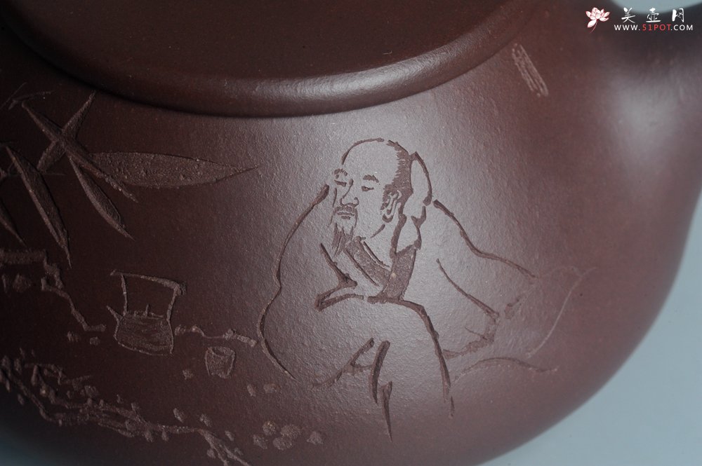 紫砂壶图片：实力派工艺师周斌 优质底槽青全手工精工满瓢壶 陶兴双刀装饰 特文气 玉壶写新竹 烹泉试乳茶 - 全手工紫砂壶网