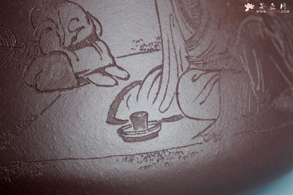 紫砂壶图片：实力派工艺师周斌 优质底槽青全手工精工 子冶石瓢壶 张听钢装饰人物 平生衣食随缘好 过得清闲便是仙 - 全手工紫砂壶网