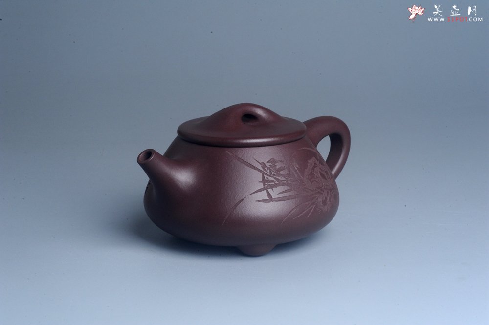 紫砂壶图片：实力派工艺师周斌 优质底槽青全手工精工满瓢壶 刘伟涛徒昊然装饰兰草图 一香已足压千红 - 全手工紫砂壶网