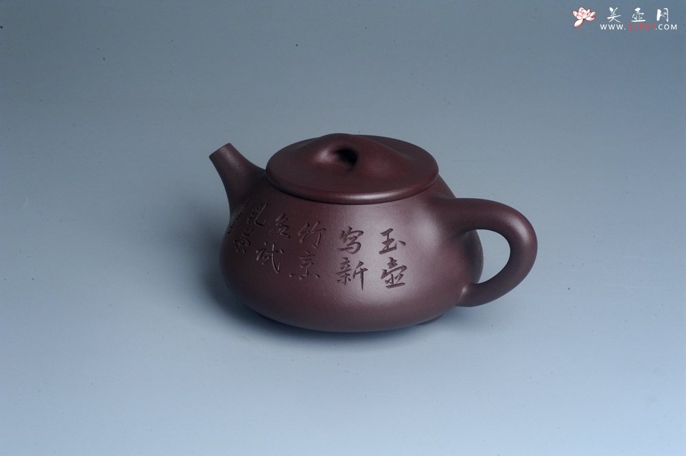 紫砂壶图片：实力派工艺师周斌 优质底槽青全手工精工满瓢壶 陶兴双刀装饰 特文气 玉壶写新竹 烹泉试乳茶 - 全手工紫砂壶网