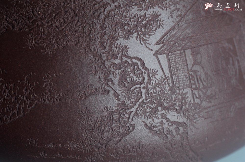 紫砂壶图片：实力派工艺师周斌 优质底槽青全手工精工 满瓢壶 张听钢装饰山水 好山一窗足 佳景四时宜 - 全手工紫砂壶网