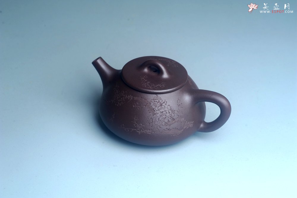 紫砂壶图片：油润底曹青 全手工石瓢壶 装饰喜上眉梢 特文气 - 全手工紫砂壶网