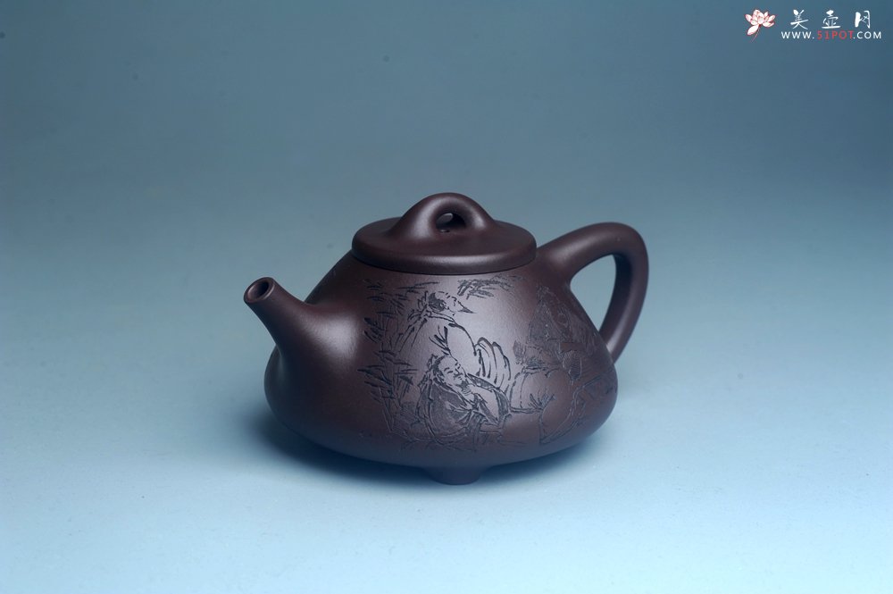 紫砂壶图片：实力派工艺师周斌优质底槽清全手工精工子冶石瓢 装饰竹林七贤 特文气 - 全手工紫砂壶网