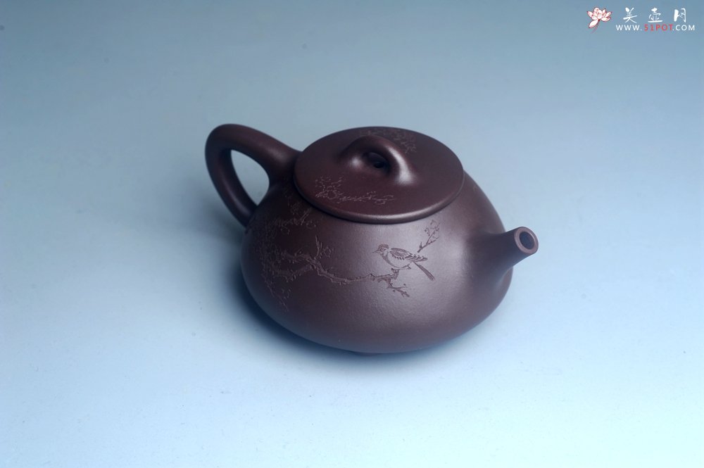 紫砂壶图片：油润底曹青 全手工石瓢壶 装饰喜上眉梢 特文气 - 全手工紫砂壶网