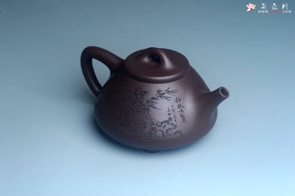 紫砂壶图片：实力派工艺师周斌优质底槽清全手工精工子冶石瓢 装饰竹林七贤 特文气 - 全手工紫砂壶网
