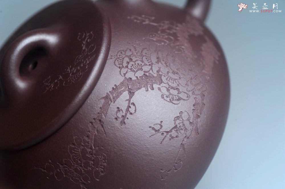紫砂壶图片：油润底曹青 全手工石瓢壶 装饰喜上眉梢 特文气 - 全手工紫砂壶网