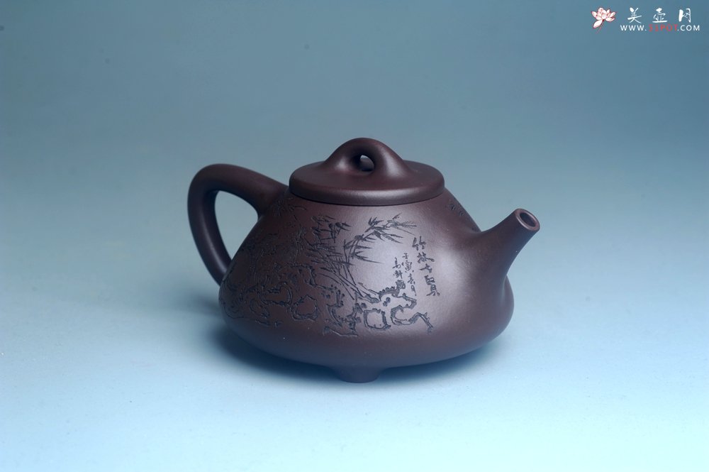 紫砂壶图片：实力派工艺师周斌优质底槽清全手工精工子冶石瓢 装饰竹林七贤 特文气 - 全手工紫砂壶网