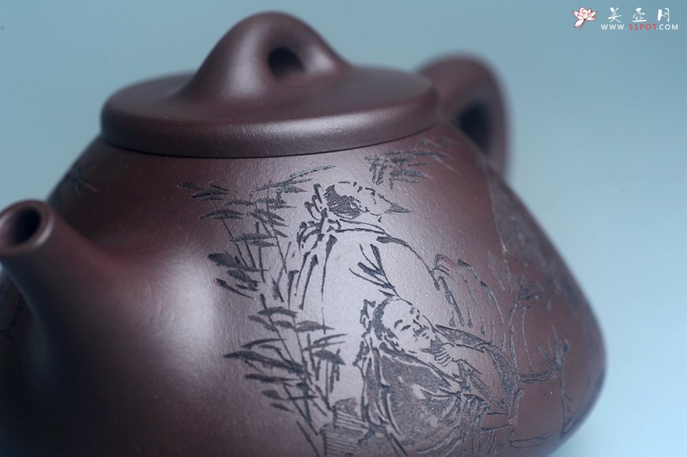 紫砂壶图片：实力派工艺师周斌优质底槽清全手工精工子冶石瓢 装饰竹林七贤 特文气 - 全手工紫砂壶网