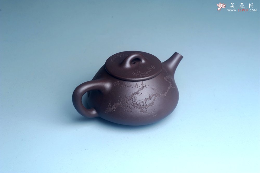 紫砂壶图片：油润底曹青 全手工石瓢壶 装饰喜上眉梢 特文气 - 全手工紫砂壶网