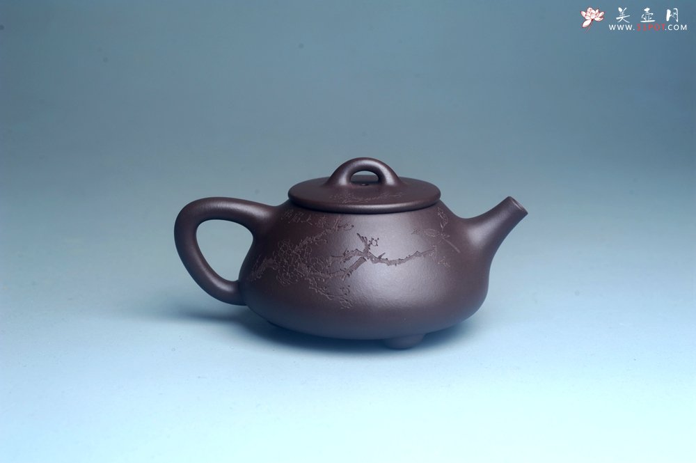 紫砂壶图片：油润底曹青 全手工石瓢壶 装饰喜上眉梢 特文气 - 全手工紫砂壶网