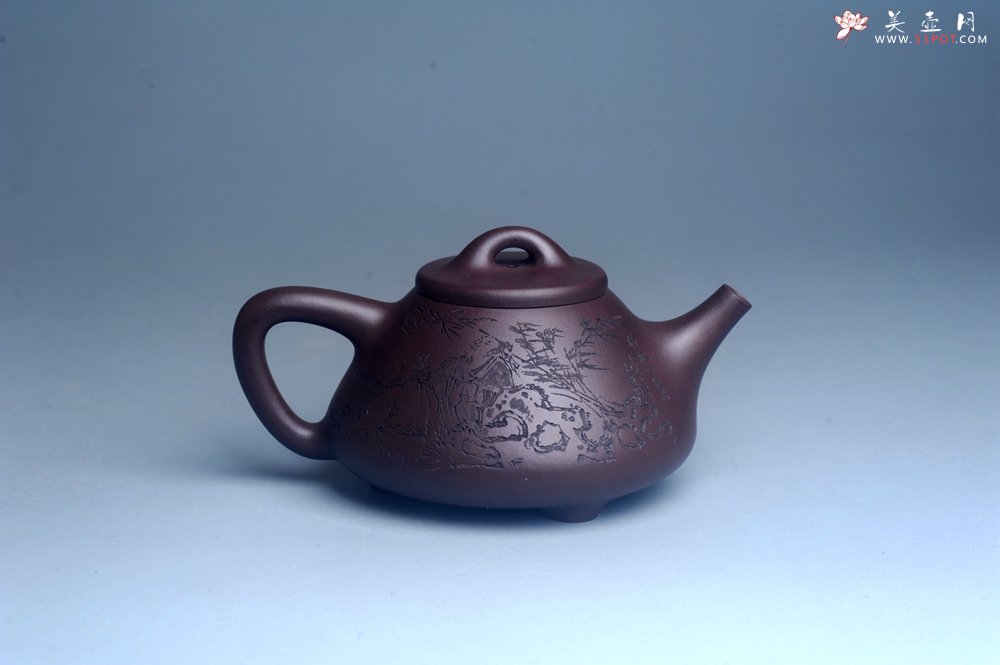 紫砂壶图片：实力派工艺师周斌优质底槽清全手工精工子冶石瓢 装饰竹林七贤 特文气 - 全手工紫砂壶网
