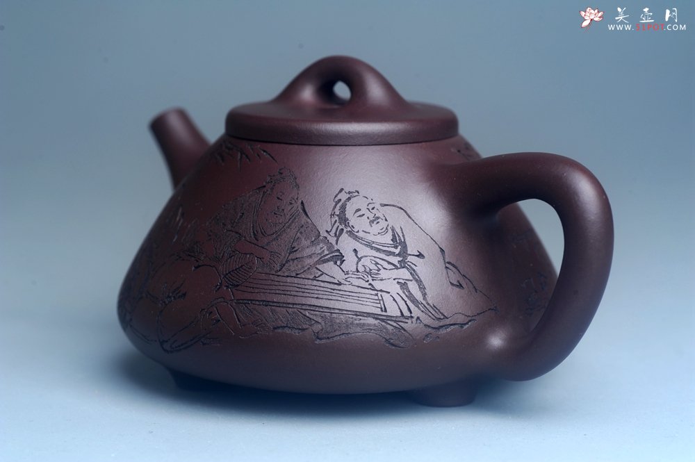紫砂壶图片：实力派工艺师周斌优质底槽清全手工精工子冶石瓢 装饰竹林七贤 特文气 - 全手工紫砂壶网