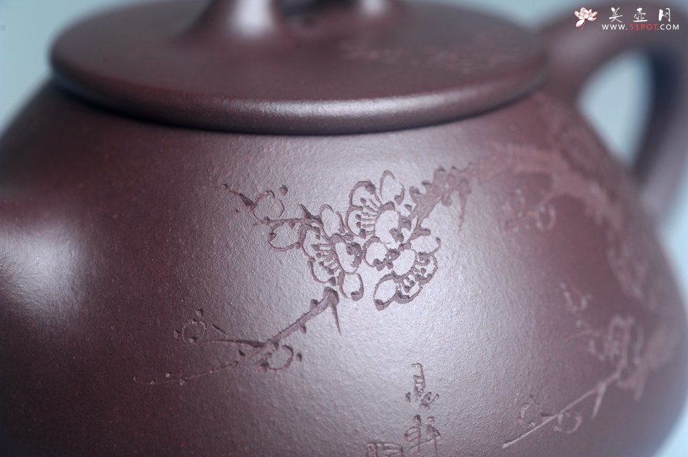 紫砂壶图片：油润底曹青 全手工石瓢壶 装饰喜上眉梢 特文气 - 全手工紫砂壶网